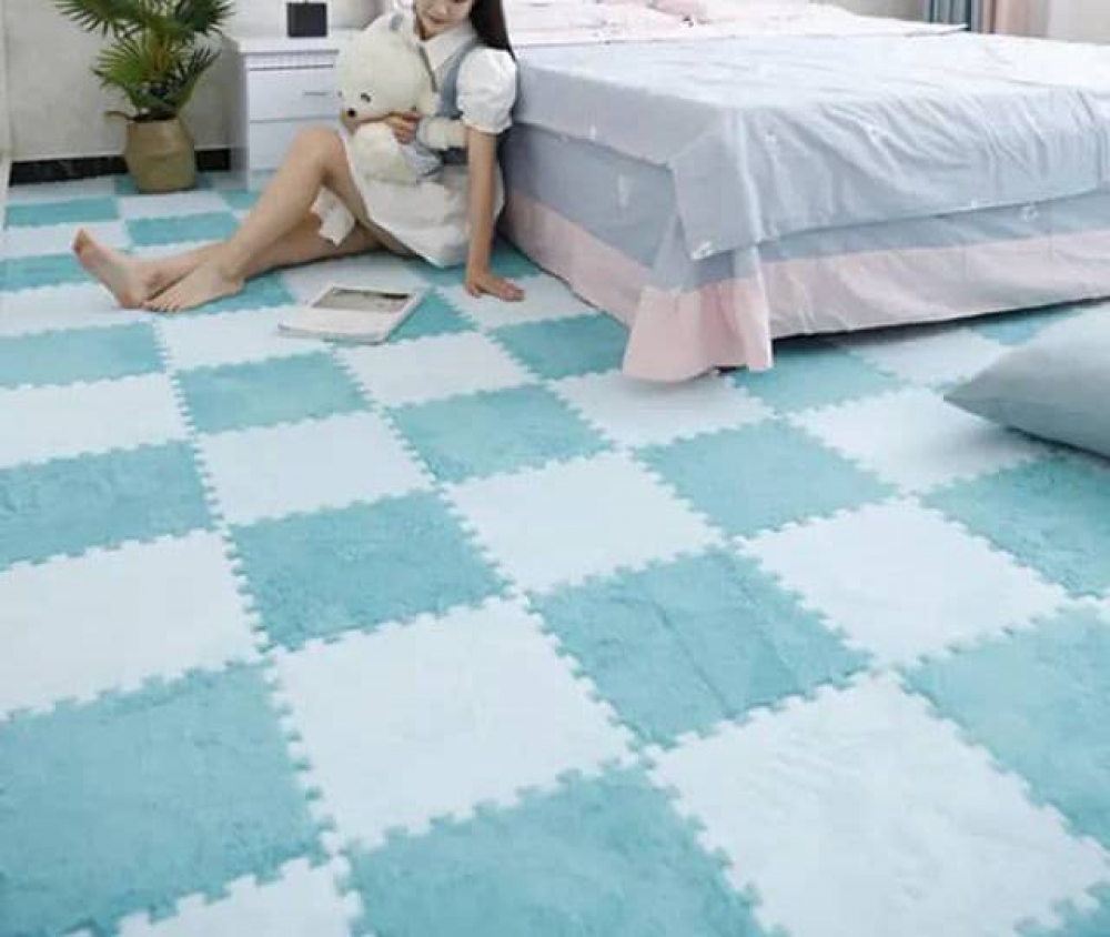 10Pcs/Lot Plush Puzzle Foam Floor Mat Living Room Soft Fluffy Carpet Split Connection Bedroom Anti-skid Foot Pad Green Beach Rug