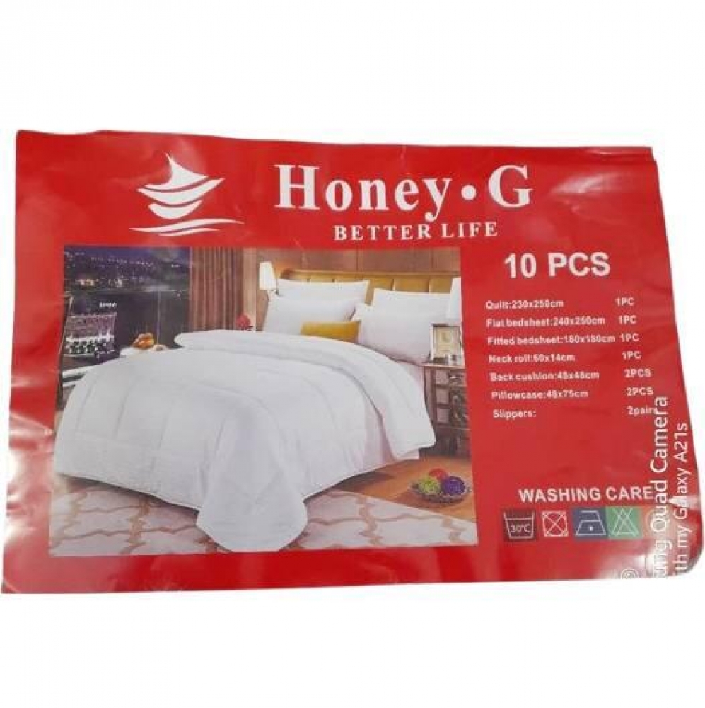 Honey G Bedding Set 10 Pcs 1Quilt,1 Flat bedsheet ,1 Fitted Bedsheet ,1 Neck Roll , 2 Back Cushion ,2 Pillowcases ,2 Pairs Slipper