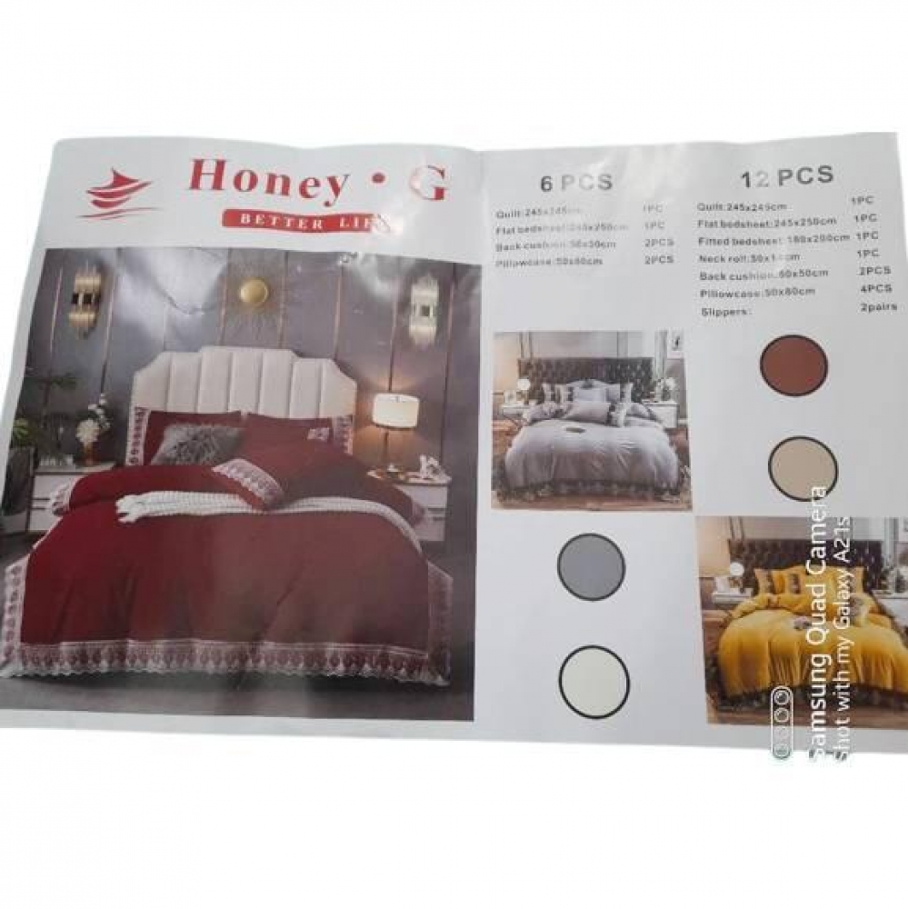 Honey G Bedding Set 12 Piecs, 1 Quilt , 1 Flat Bedsheet ,1 Fitted Bedsheet ,1 Neck Roll , 2 Back Cushions ,4 Pillowcases ,2 Pcs Slippers.