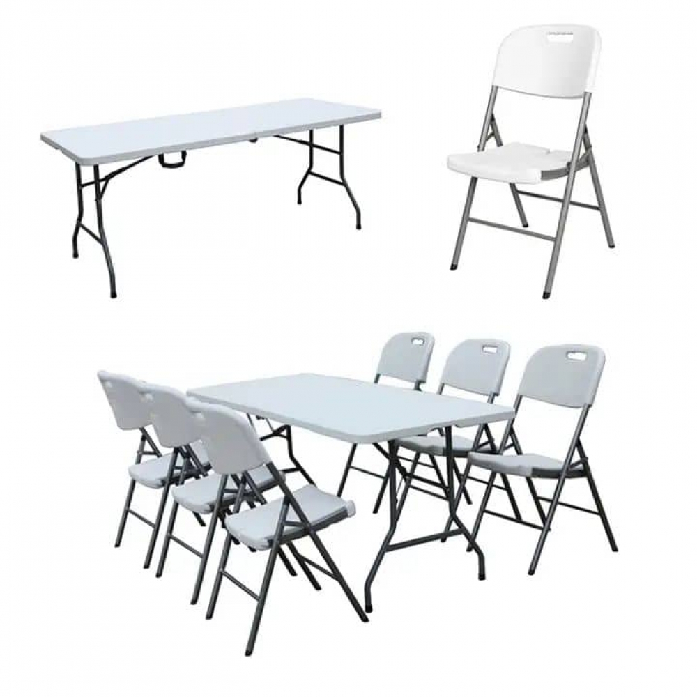 Folding Table 6 Foot Plastic Folding Table Indoor & Outdoor for Picnic, BBQ, Party, with Powder Coated Steel Legs and Built in Carry Handle(6 chairs & 1 Table)