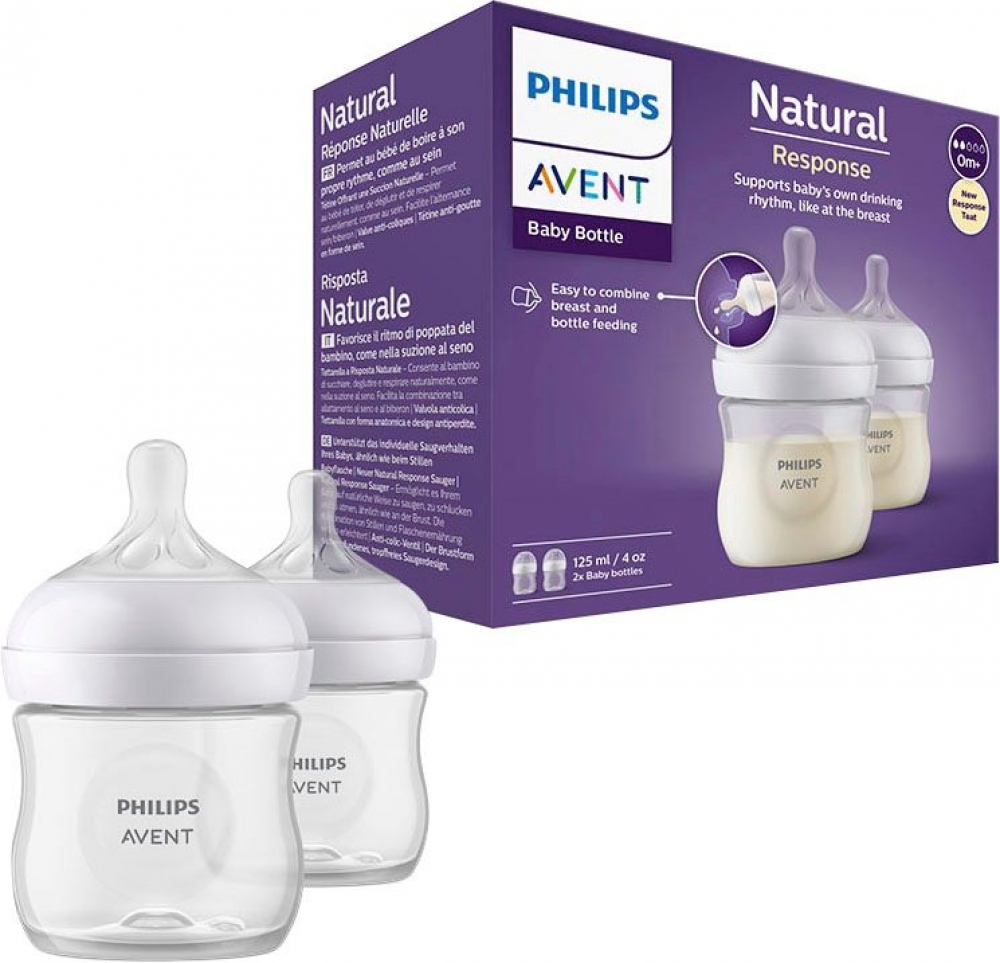 Philips Avent Natural Response Baby Bottle - 2 x 125ml Baby Milk Bottle for Newborns and Up, BPA Free, 0+ Months (Model SCY900/02)