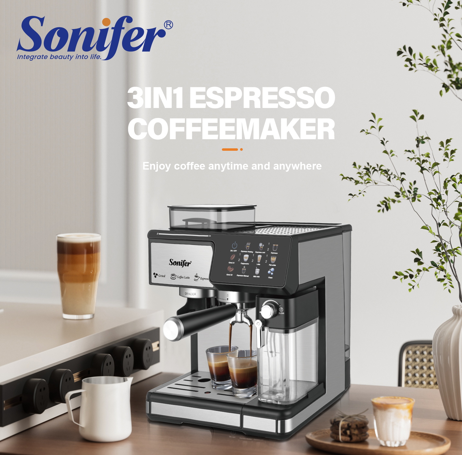 Sonifer SF-3590 Best-Selling Fully-Automatic Espresso Cappuccino Latte Coffee Maker Intelligent Grinder 3-in-1 Electric Machine