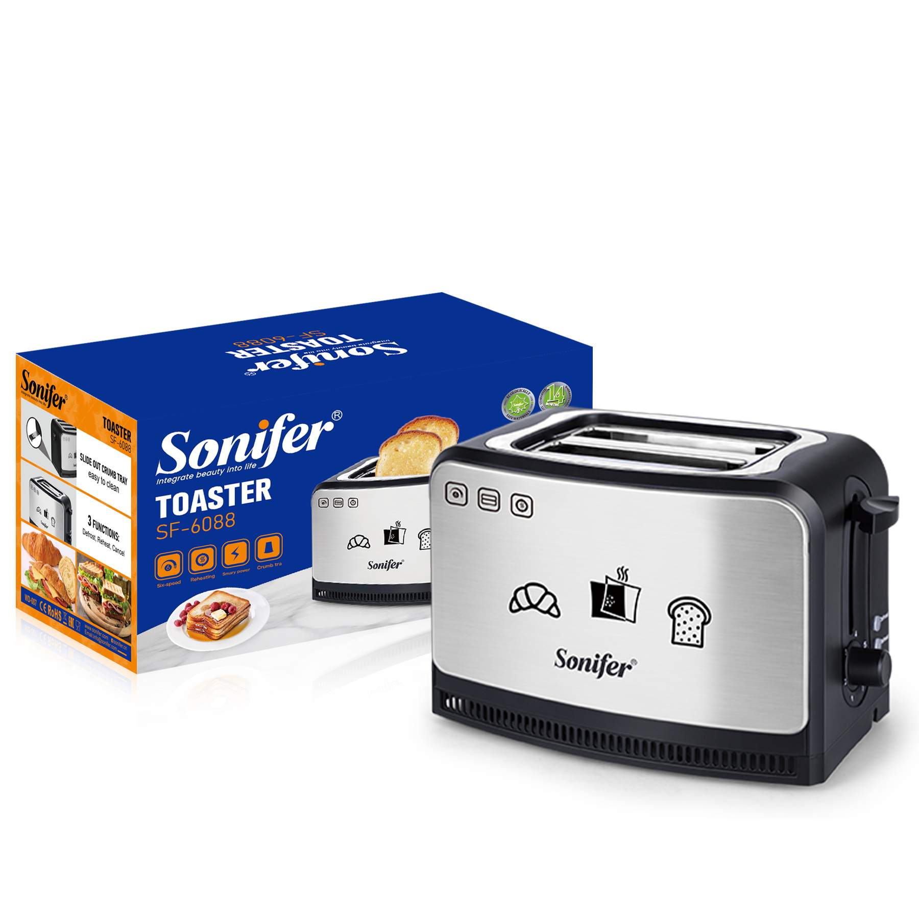 Sonifer SF-6088 High Quality Manufacturer Multi-function Small 2 Slice Electric Pop up Automatic Bread Sandwich Toaster