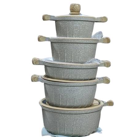 10-Piece Saucepan Set, Granite, With Wooden Handles, Glass Lids With Silicone, Beige