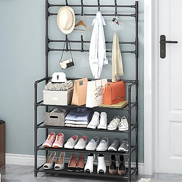 Coat Rack Stand with 8 Removable Hooks and 5 Storage Shelves, Modern Industrial Style Coat Tree for Entryway Hallway 31*10*67 Inch Hall Tree Shoe Rack