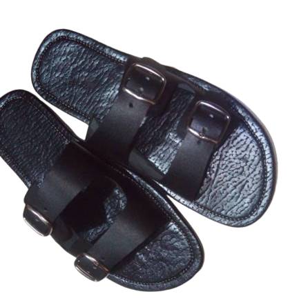 Double-Buckle Leather Sandals Featuring a Textured  and Adjustable Metal Pin Buckles