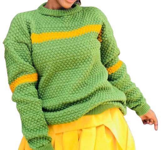 Handmade Green Textured Sweater With Bright Yellow Horizontal Stripes On The Chest And Sleeves